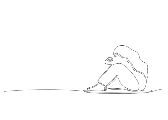 dibujo de una adolescente sentada con la cabeza apoyada en brazos